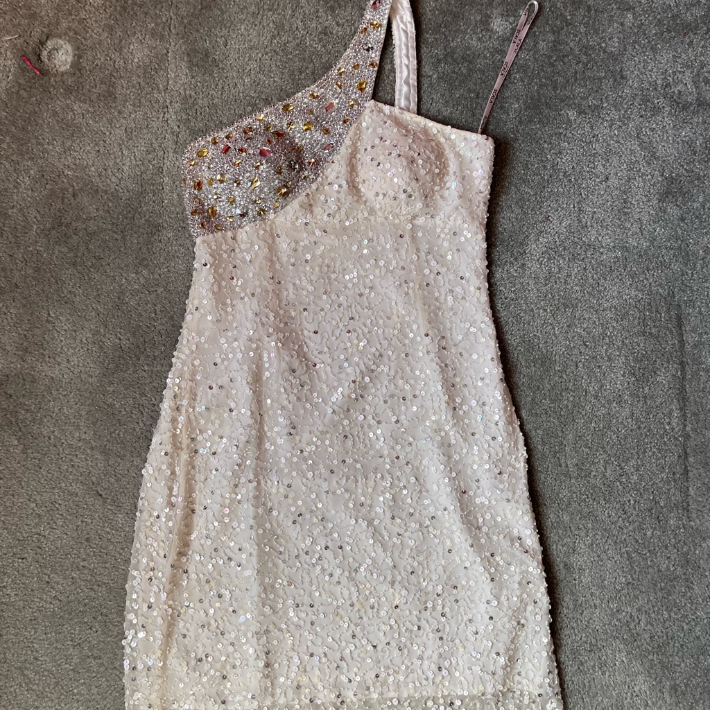 Scala White With Sequins Off Shoulder Dress - Size 4 From Eagle Formal Wear.